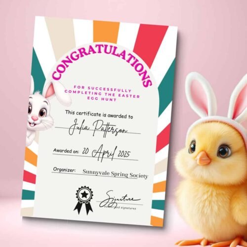 Printable Easter Certificate for Kids | Cute Pastel Bunny and Egg Design | Easy to Customize for Easter Egg Hunts, Schools, or Church